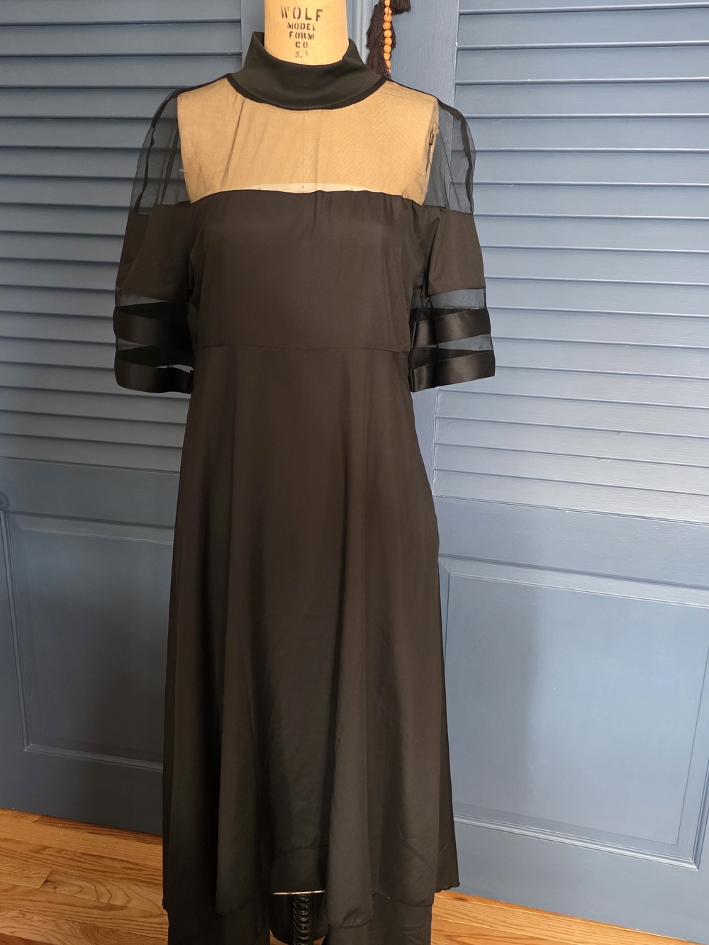 Sheer Yoke Black Midi Dress with Satin Sleeve Bands